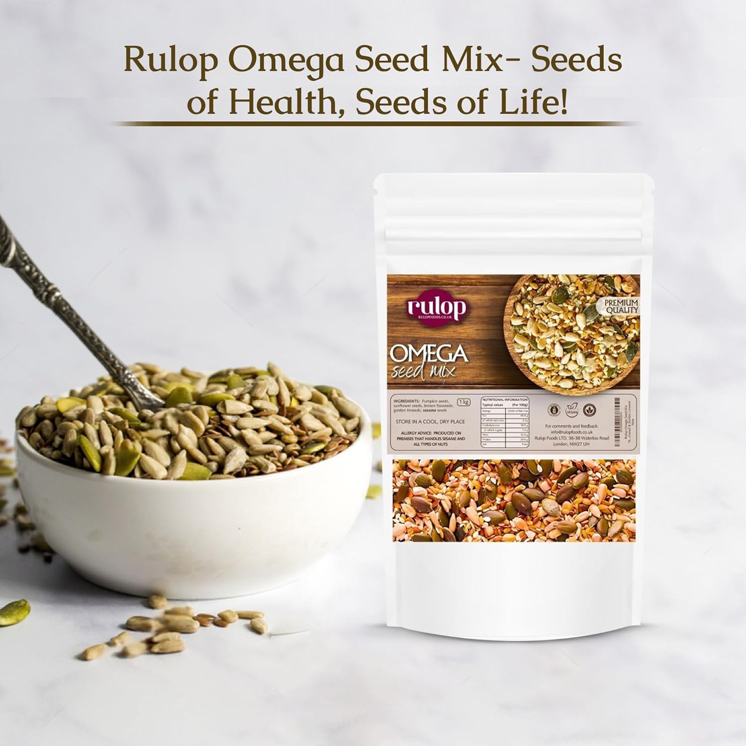 Rulop Omega Seed Mix 1kg - Premium Mixed Seeds for Bread Making, Breakfast Cereal & Baking - Raw, Natural & Vegan Omega Seed Mix with Sesame, Sunflower, Pumpkin, Brown Linseed & Golden Linseed