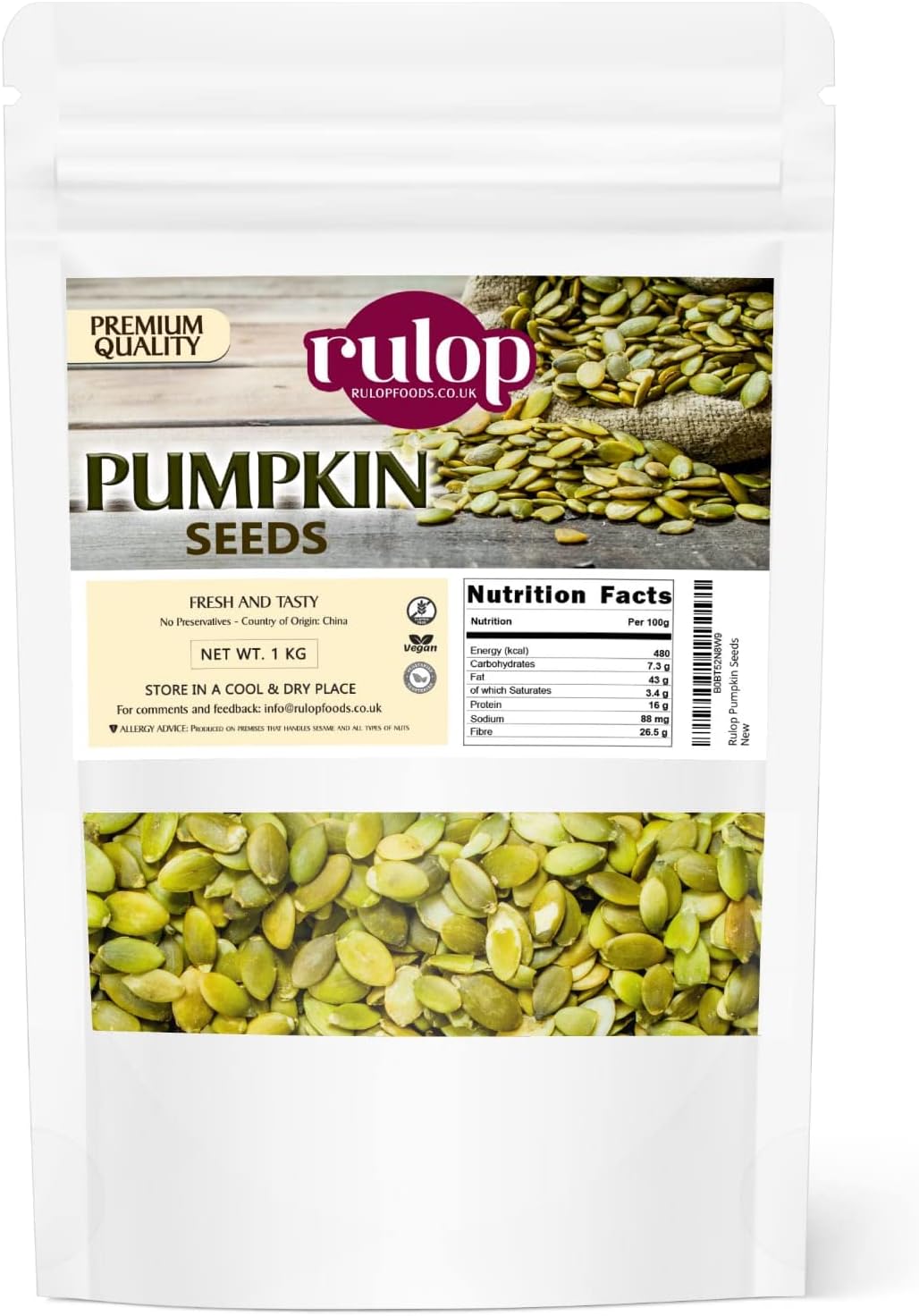 Rulop Pumpkin seeds 1kg, Gluten Free and Vegan Approved Raw Pumpkin Seed Kernels