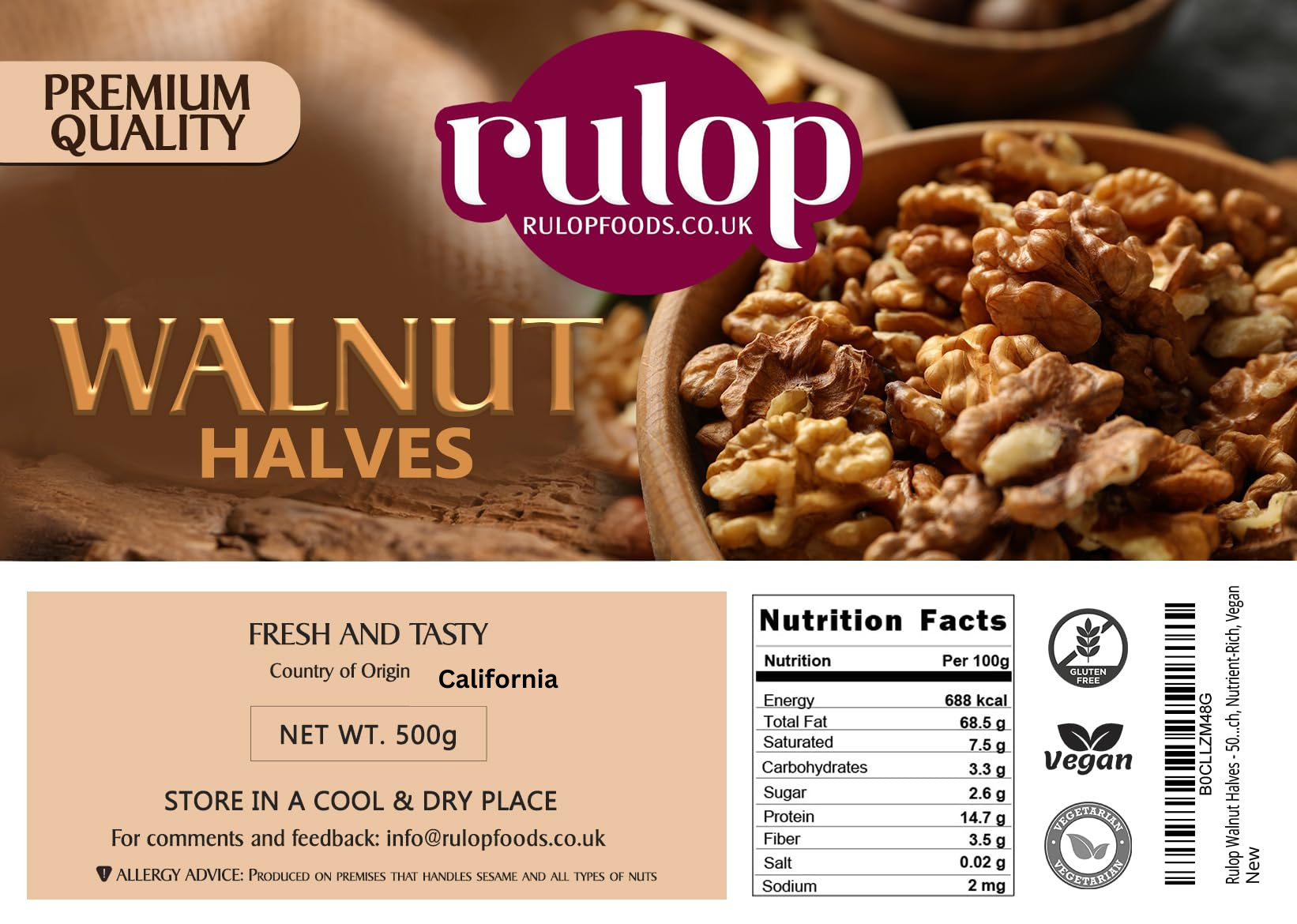 Rulop Walnuts Halves - 500g & 1kg - Premium Quality Raw Californian Walnuts
