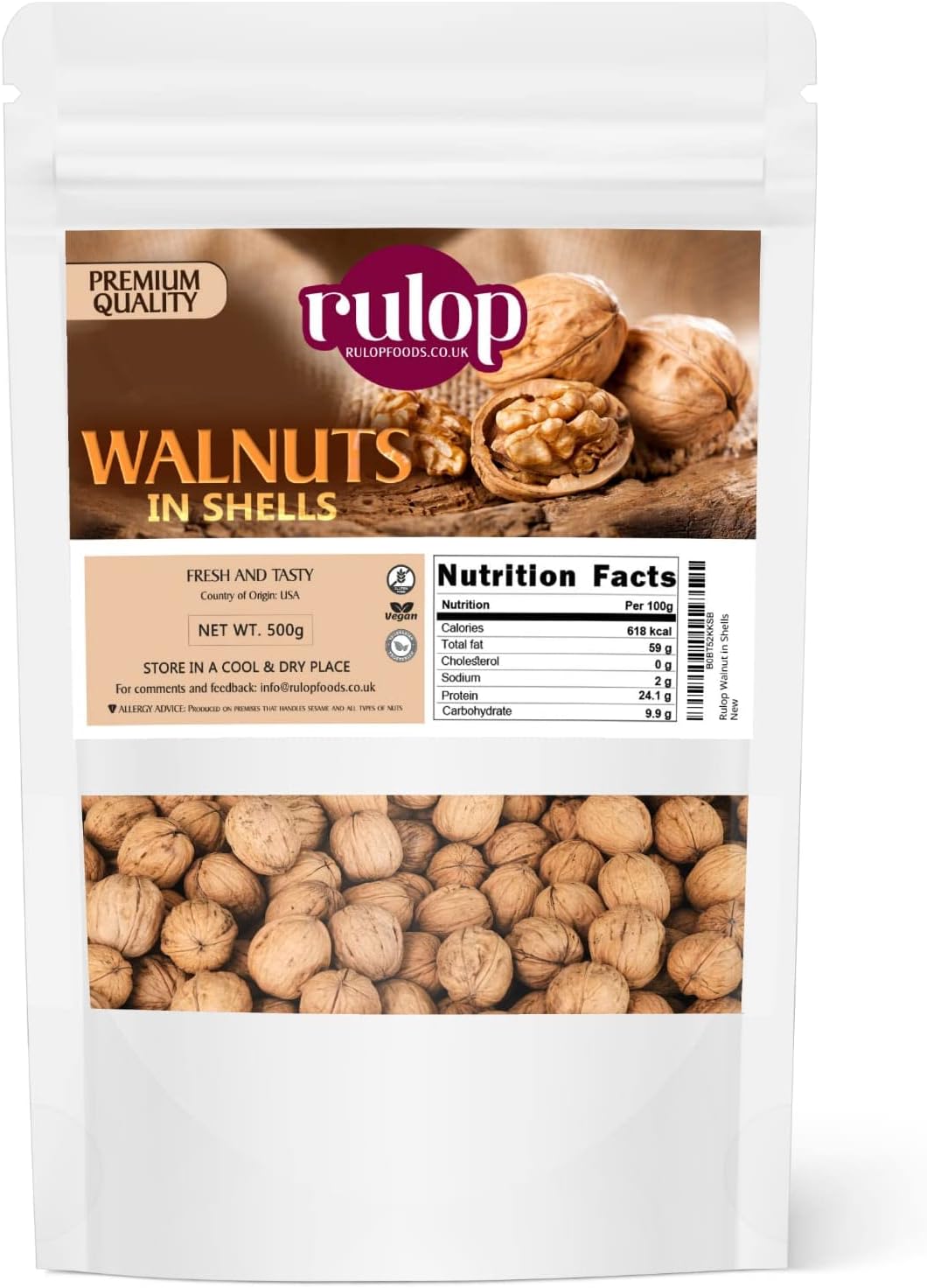 Rulop Walnuts in Shells 500g, Chilian Walnuts, Vegan and 100% Natural
