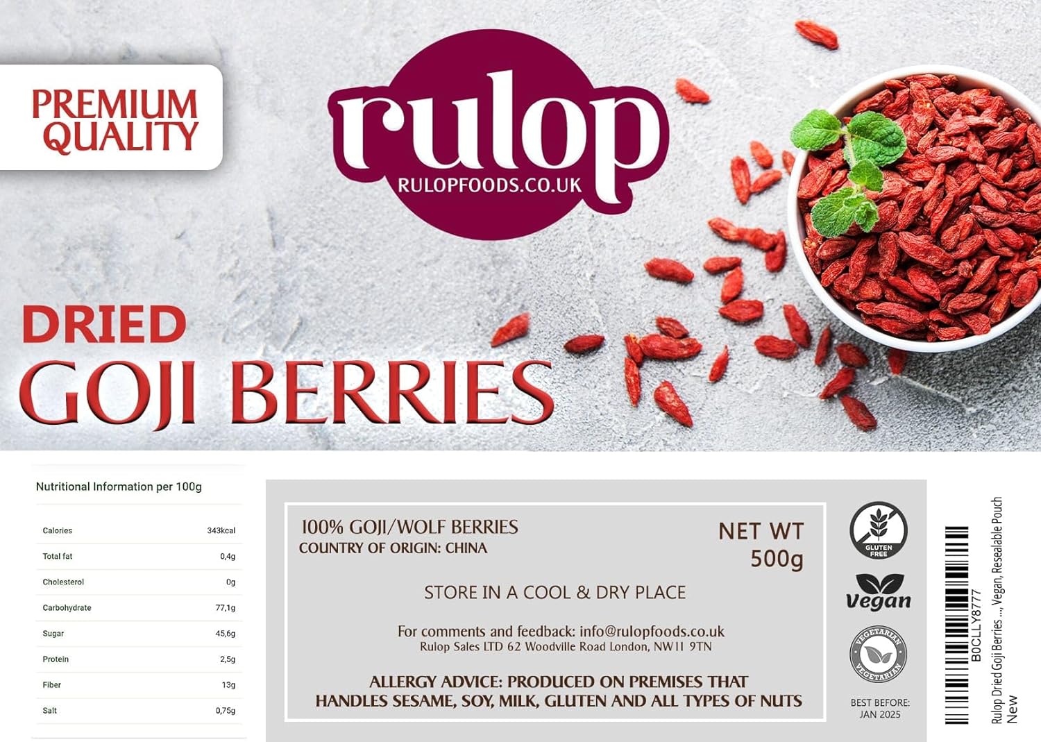 Rulop Dried Goji Berries - 500g & 1kg - Premium Quality, Vegan, Resealable Pouch